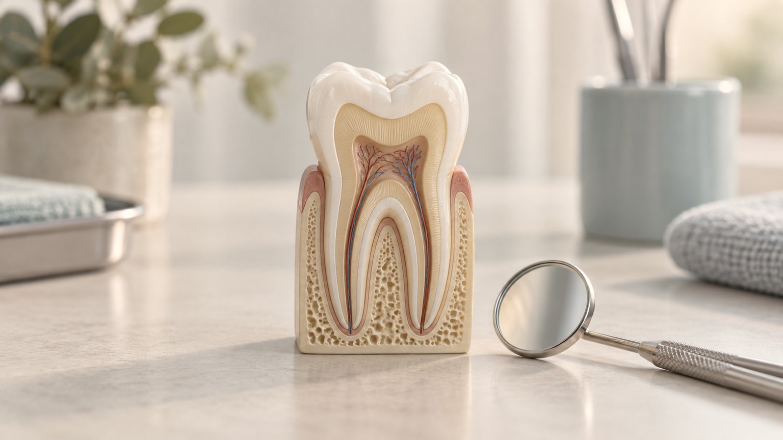 A cross-section model of a tooth showing its root canals