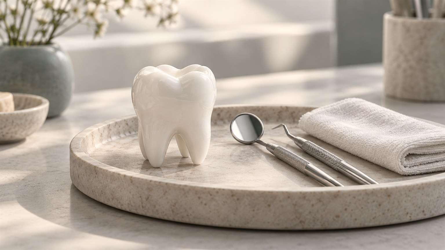 Tooth model with dental mirror and scaler